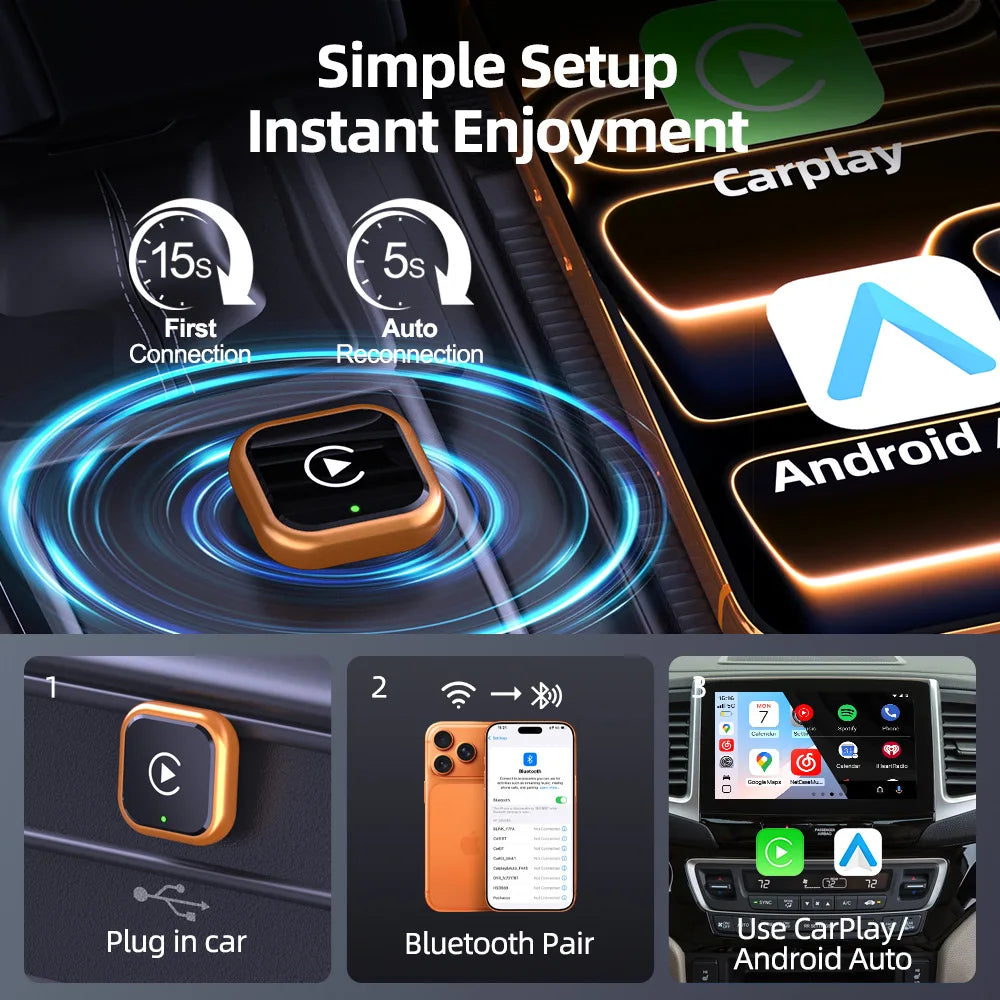 2026 Mini Wireless CarPlay Adapter Upgrade Wired to Wireless for CarPlay & Android Auto Plug and Play Fast Auto-Reconnect Stable