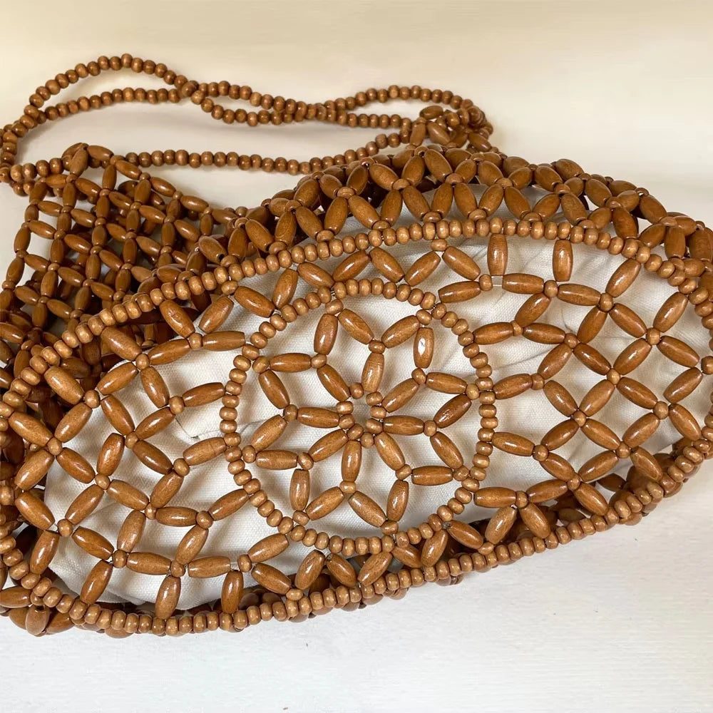 Women's Handmade Wooden Beaded Handbag - Hollow Woven Shoulder Bag - photo 3