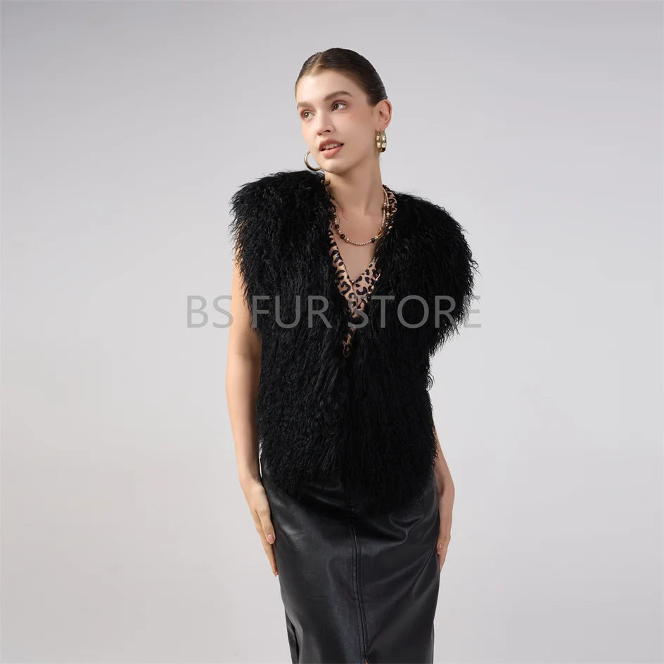 Fluffy Luxury  Real Mongolian Fur Halter Vests Women Solid Deep V-Neck Backless Bandage Sleeveless Jackets Top Outerwear Coat