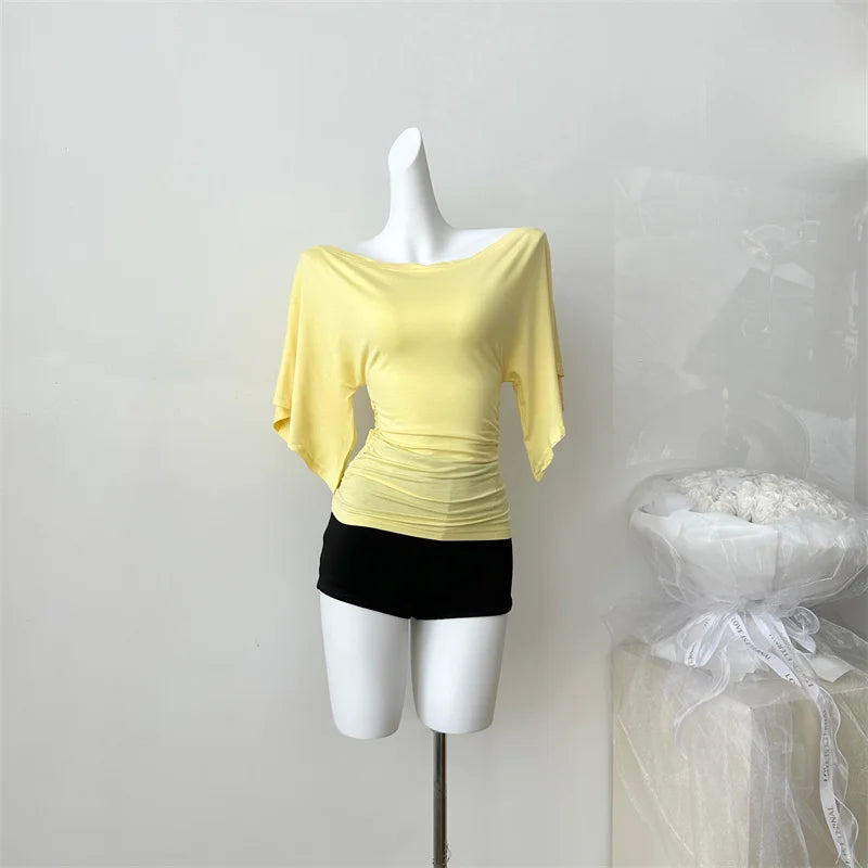 Women's Summer High Stretch Slash Neck Flare Sleeve Slim T Shirt Lady Sexy Pleated Slim Solid Color Pullover Tee Top
