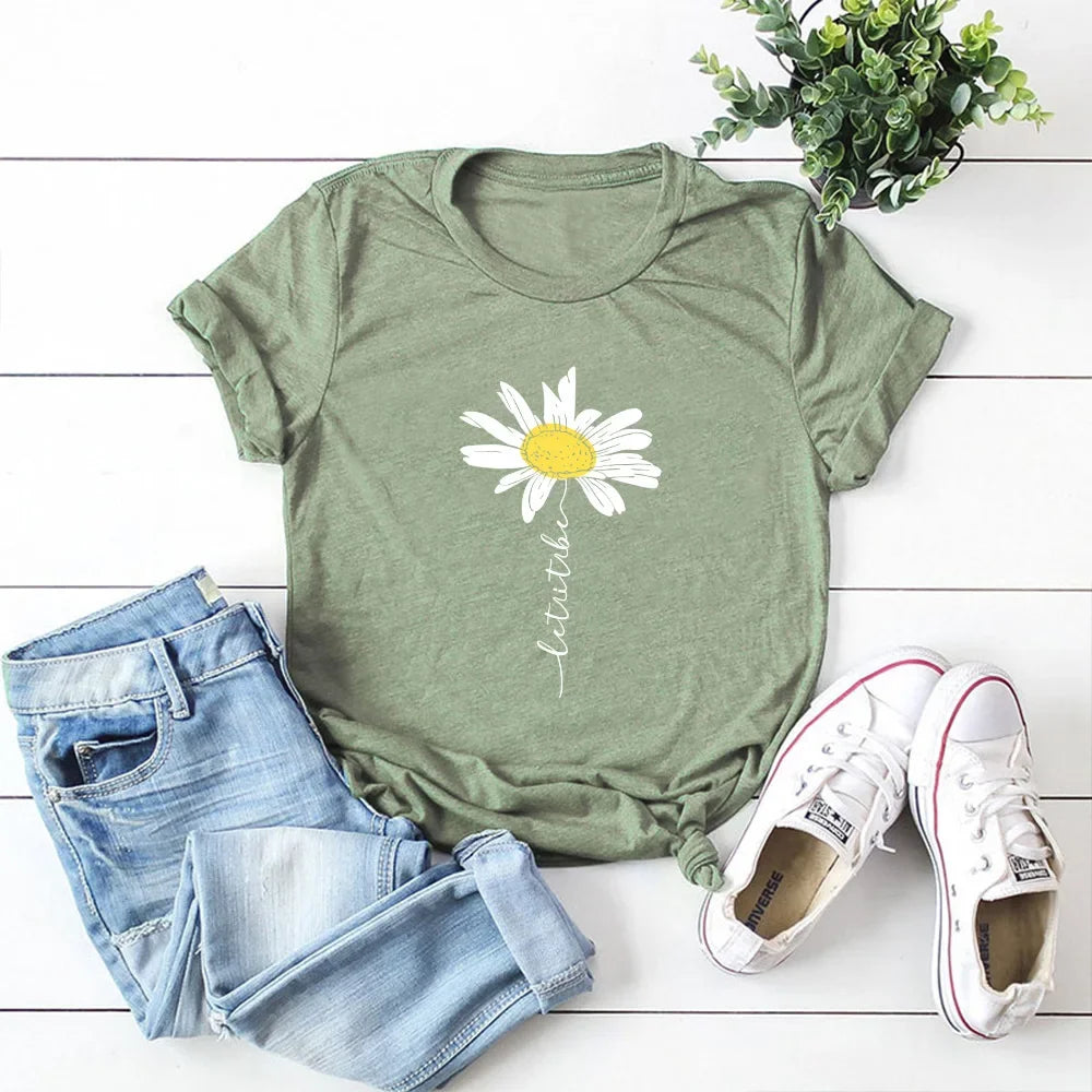 100% Cotton Women T-Shirt 2026 Summer Tshirt Creative Daisies Printed Woman Short Sleeve Tee Tops Female T Shirt