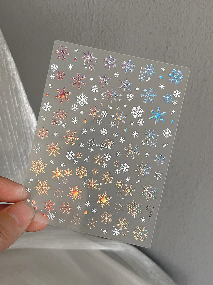 1pcs Christmas Nail Art Sticker with Gold/Silver Foil Snowflakes Iridescent Sparkle Adhesive Backing DIY  3D Nail Decoration
