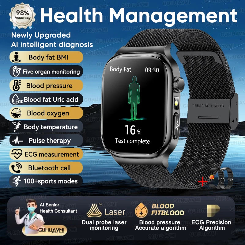 GUHUAVMI 2026 AI Health Smartwatch – ECG+HRV, Blood Pressure, Uric Acid & Blood Lipid Monitor | 2.04" AMOLED Sapphire | Bluetooth Calling | Men & Women