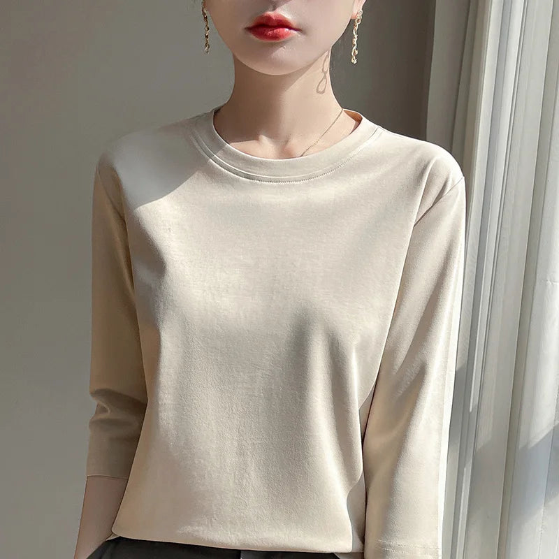 Women's Mercerized Cotton T-Shirt — Loose Round-Neck Half-Sleeve Top