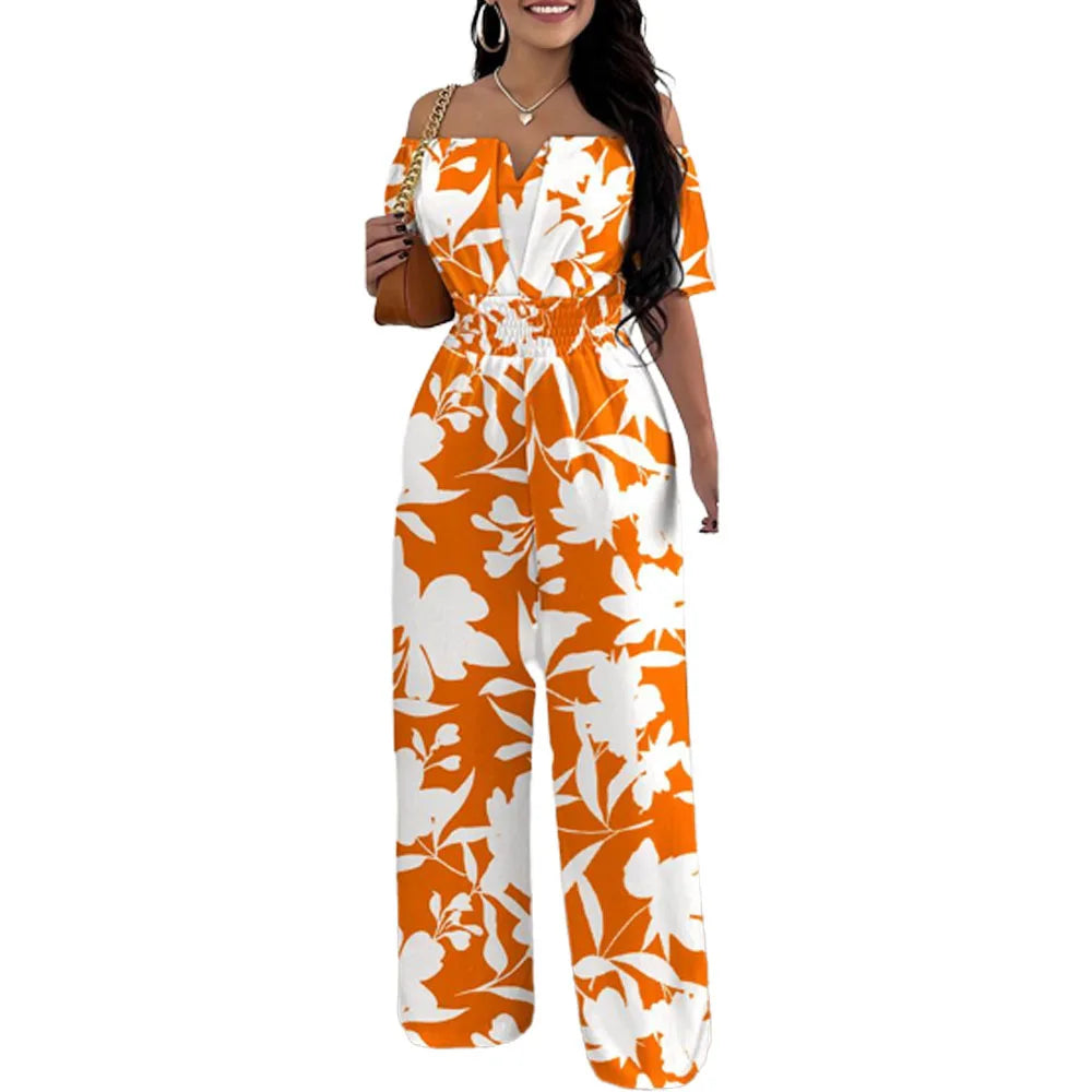 Jumpsuits for Women 2026 Spring Fashion Off Shoulder Casual Plain Short Sleeve Shirred Waist Daily Long Wide Leg Jumpsuit 2026