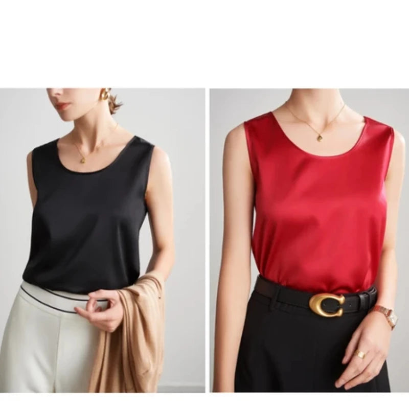 Summer Satin Mulberry Silk Tank Top Casual Versatile Champagne Tops Woman 2026 New Fashion Elegant Vest Loose Sleeveless T-shirt