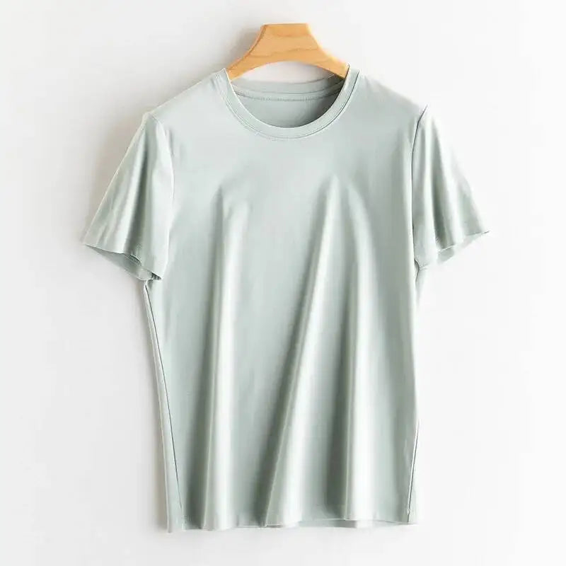 Women's Luxury Mulberry Silk Cotton T-Shirt – Loose Round Neck Short Sleeve Solid Basic Top