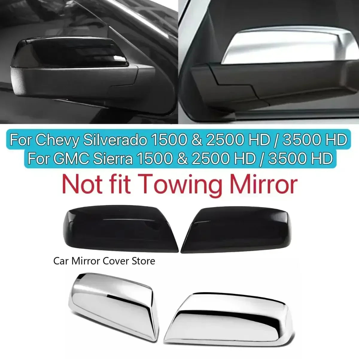 Snap-On Mirror Covers, Chrome or Gloss Black — Chevrolet Silverado & GMC Sierra 1500 (2014–2018) / 2500HD·3500HD (2015+)
