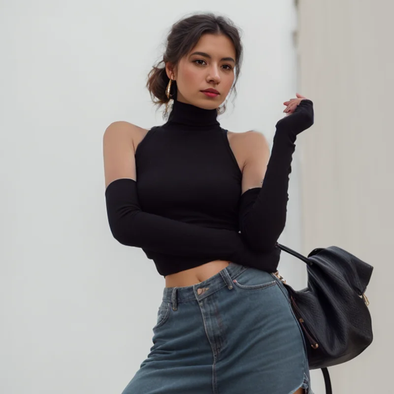Woman Clothes Fall 2026 Tank Top Sleeve Cover Sleevless Side Pleats Turtleneck T-shirt  Sexy Ribbed Knitted Tops Y2k 2529