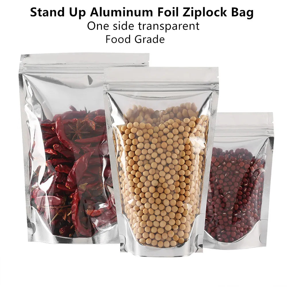 100pcs Aluminum Foil Zip Lock Bags – Food Grade Silvery Mylar Resealable Pouches for Snacks, Herbs & Gift Packaging