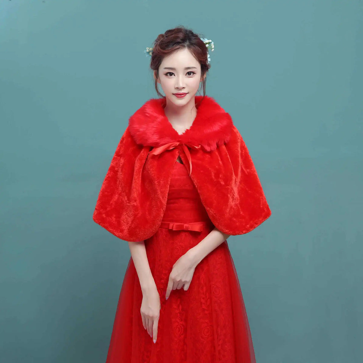 Women's Plush Bridal Shawl Cape - Elbow Length Wrap with Bow - photo 6