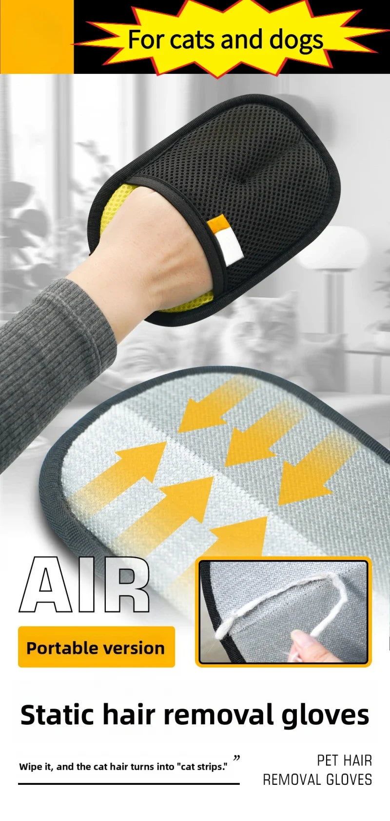Large Electrostatic Pet Hair Removal Grooming Gloves – Static Fur Remover for Cat & Dog | Sofa, Carpet & Clothes