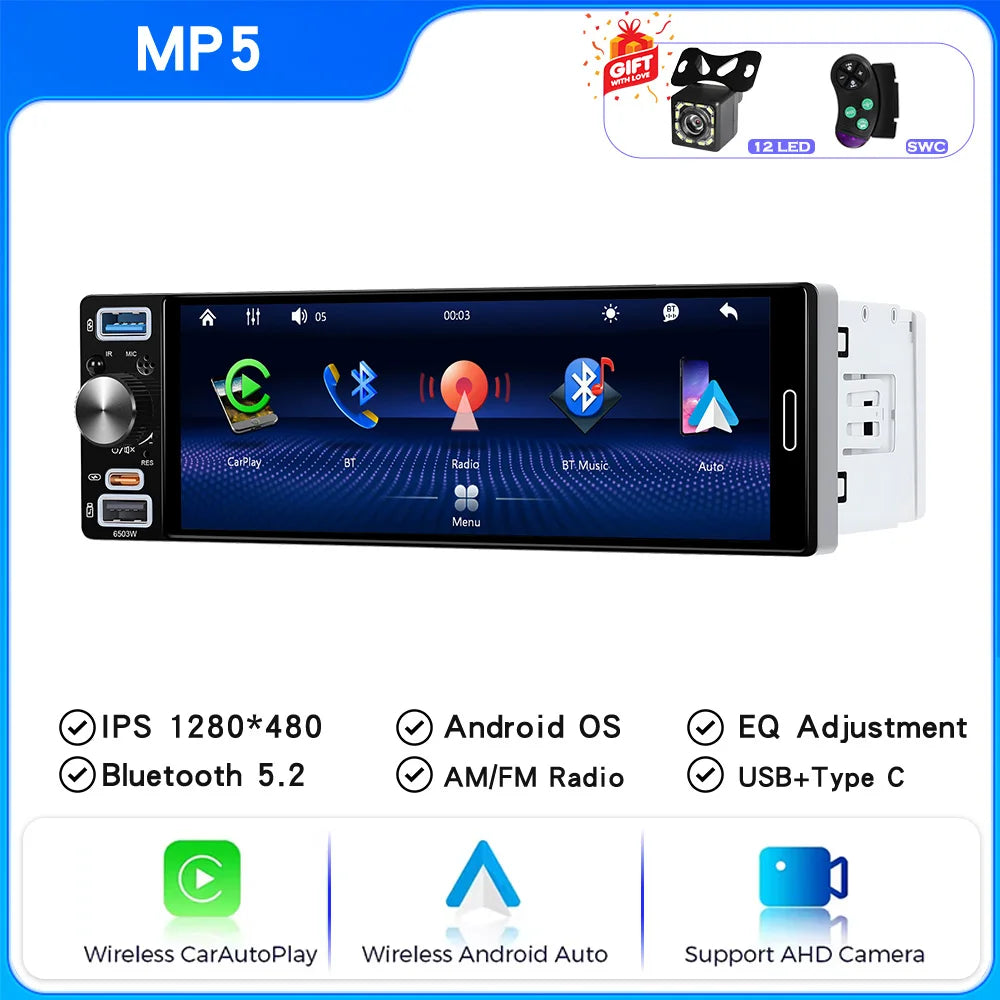 6.5" 1 DIN Universal Car Stereo with Apple CarPlay & Android Auto (MP5)