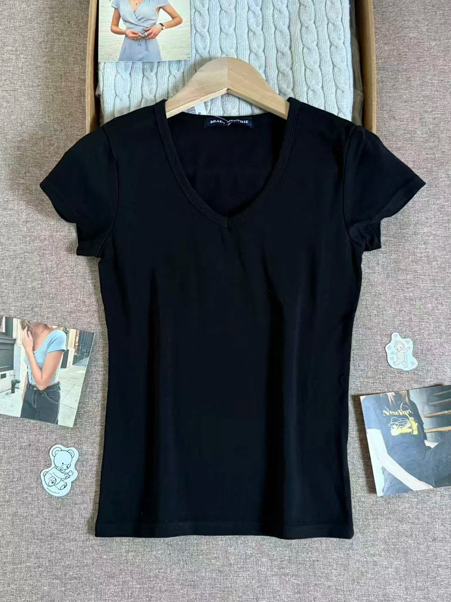 Camouflage Thin Short Sleeve T-shirt Women V-neck Cotton Slim All-match Tee Shirts Female Streetwear Vintage Y2k Tops Summer New