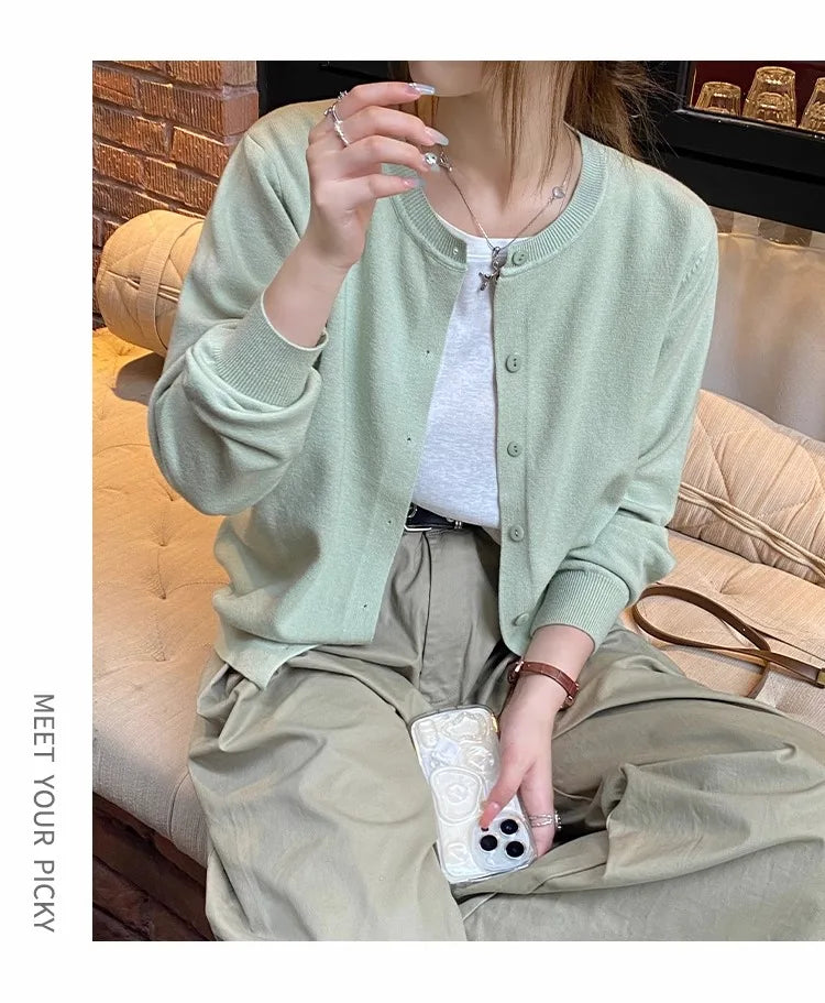 Women's slim button cardigan, crew neck knit — view 17 of 20