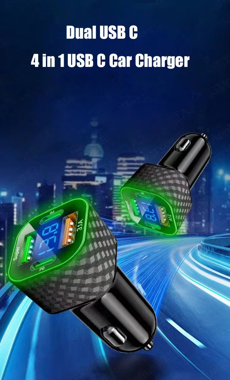 USB-C Car Charger 4-in-1 Dual PD Fast Charge with Voltage Display – iPhone, Samsung, Xiaomi