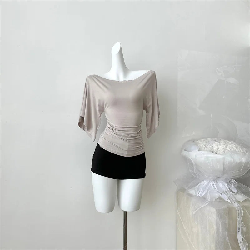 Women's Summer High Stretch Slash Neck Flare Sleeve Slim T Shirt Lady Sexy Pleated Slim Solid Color Pullover Tee Top