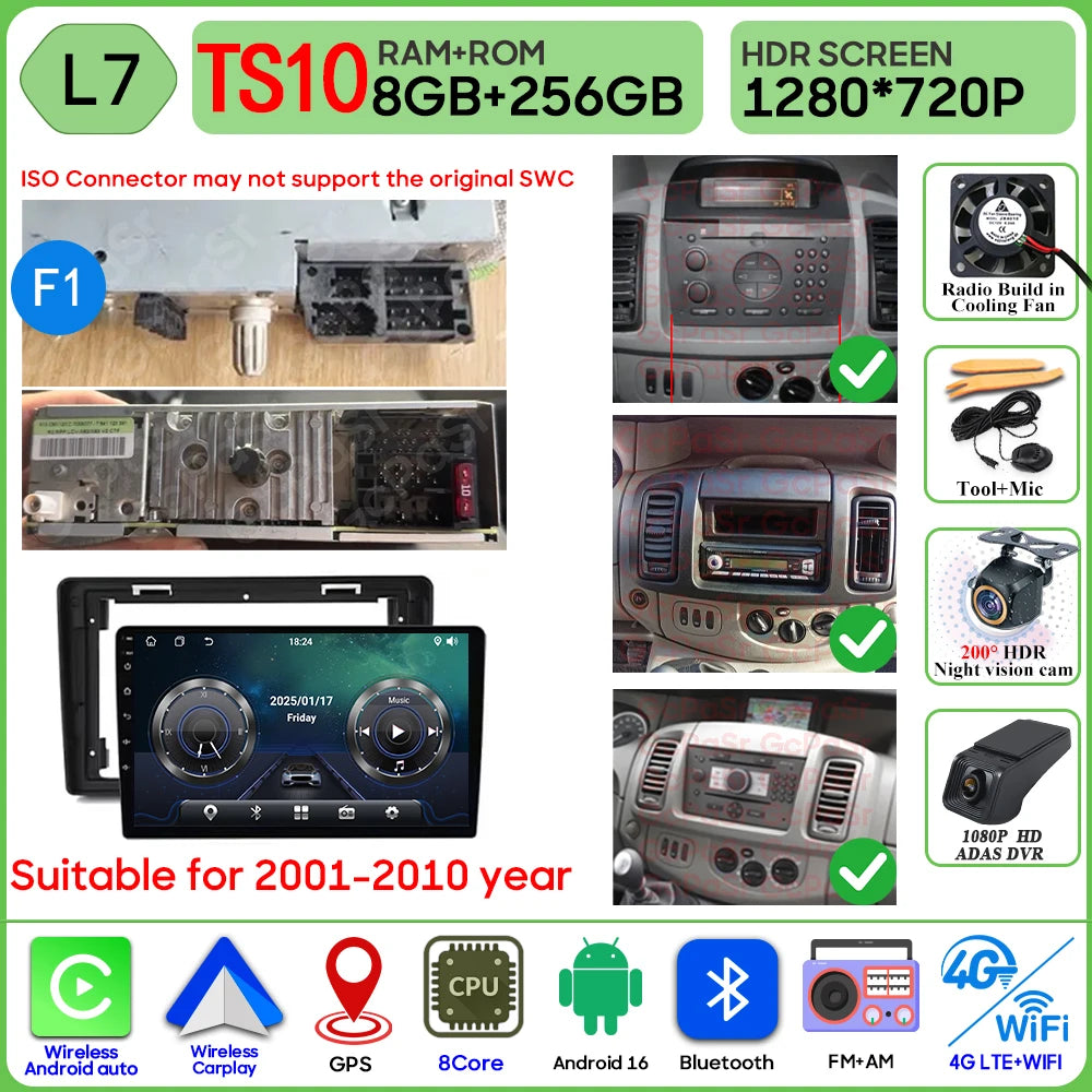 Car Stereo with Apple CarPlay & Android Auto, Compatible with Renault Trafic 2, Opel Vivaro A & Nissan Primastar