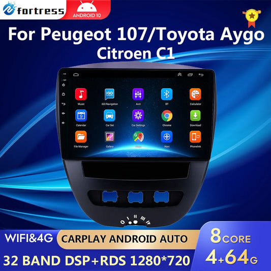 Car Stereo with Apple CarPlay & Android Auto, Compatible with Peugeot 107, Toyota Aygo & Citroen C1