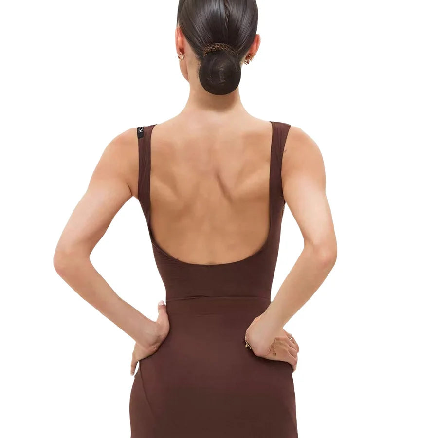 Sleeveless ruched Latin practice dress with asymmetric hem