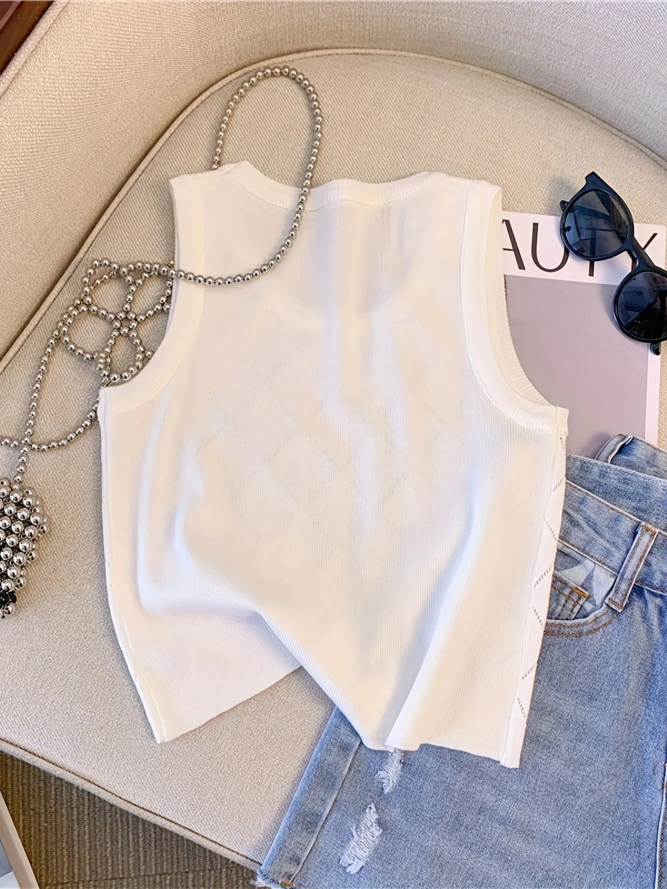 Colorful Rhinestone Knitted Tank Top Casual Crew Neck Sleeveless Tank Top For Summer  Women's Clothing Crop Top Camis
