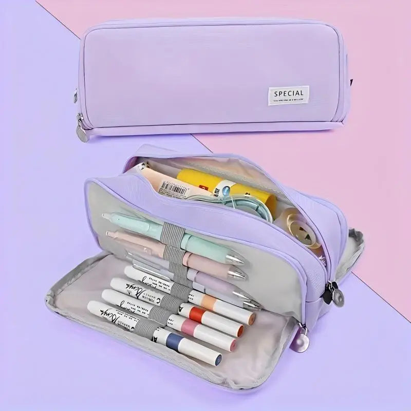 Pencil Case Large Space Storage 3 Compartment Pouch Double Side Opened Student Stationery Desk Organizer School Supplies