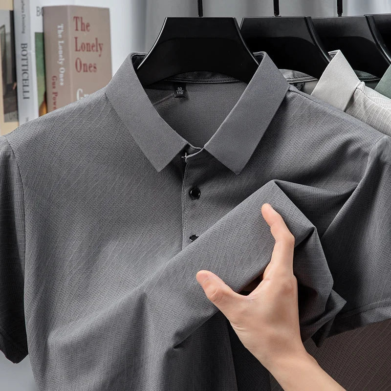 Men's Textured Polo Shirt - Solid Lapel, Breathable Office Casual