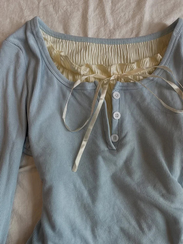 Sweet Ruffled Long Sleeve Women's T-Shirt Lace-up Fake Two-piece Women Tops 2026 Spring Summer Slimming T-shirt Female Clothing