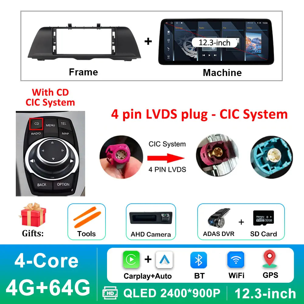 Android 16 Wireless Carplay Car Radio Multimedia Player for BMW 5 Series F10 F11 2010 - 2017 CIC NBT System QLED Screen GPS WiFi