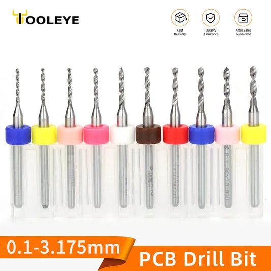 TOOLEYE 10pcs PCB Drill Bit Set Micro Drills Printed Circuit Board 1/8" Shank Mini CNC Drill Bits 0.1-3.175mm Drilling Tools