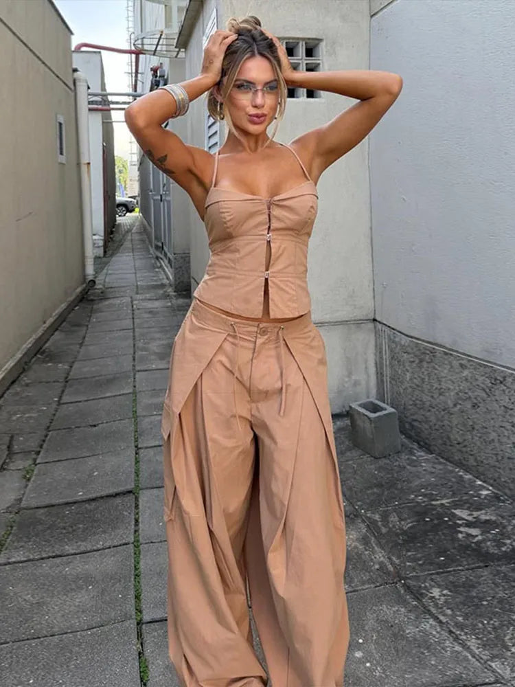 Corset Cami & Pleated Wide-Leg Pants Set — Y2K 2-Piece