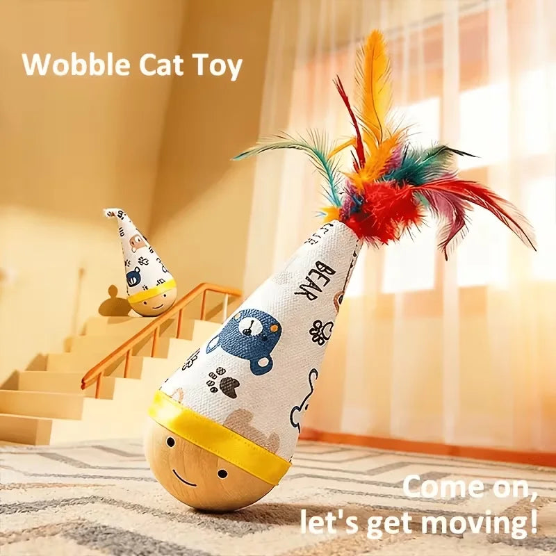 A cartoon-printed cat figurine doll toy. The sturdy wooden base provides a platform for the cat to exercise and play.