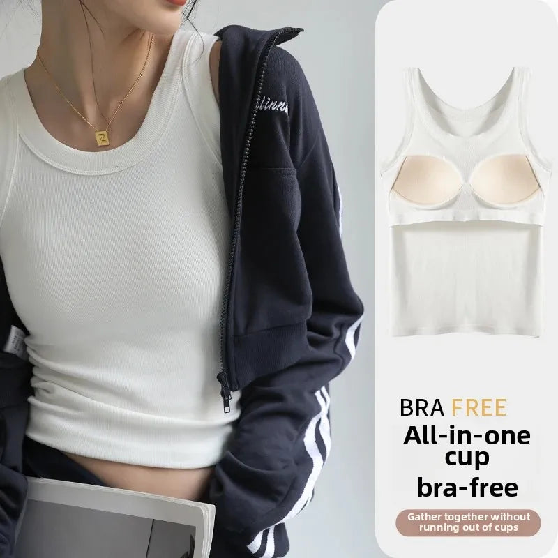 2-in-1 T-Shirt Bra Combo Top- Women's Seamless Built-in Vest,Summer Breathable Sleeveless Shirt & Casual Undershirt Sexy Top Y2k