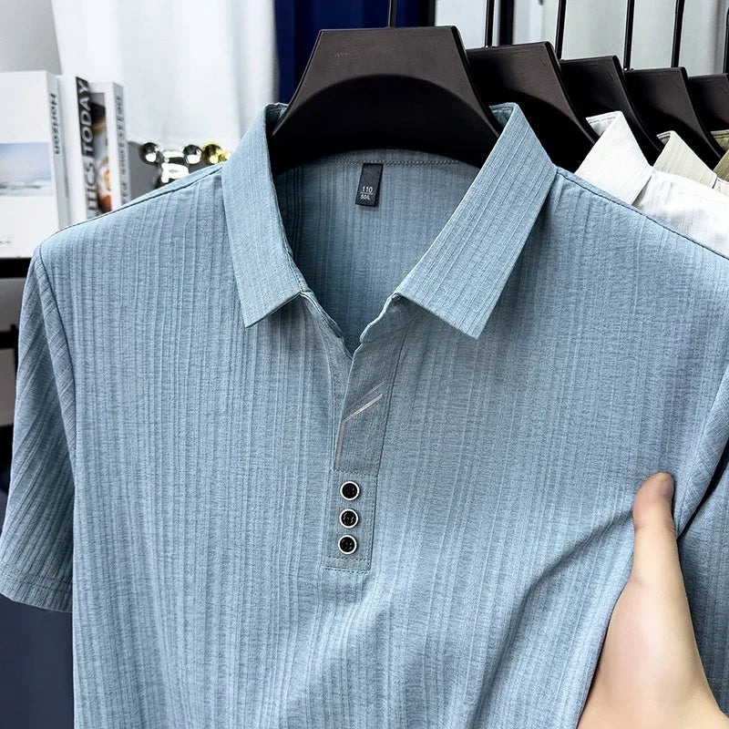 Men's Vertical-Texture Polo - Lightweight Soft, Three-Button Lapel
