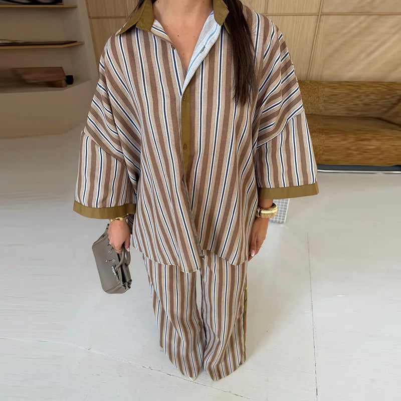 Striped Shirt & Wide-Leg Trousers Set — Women's 2-Piece