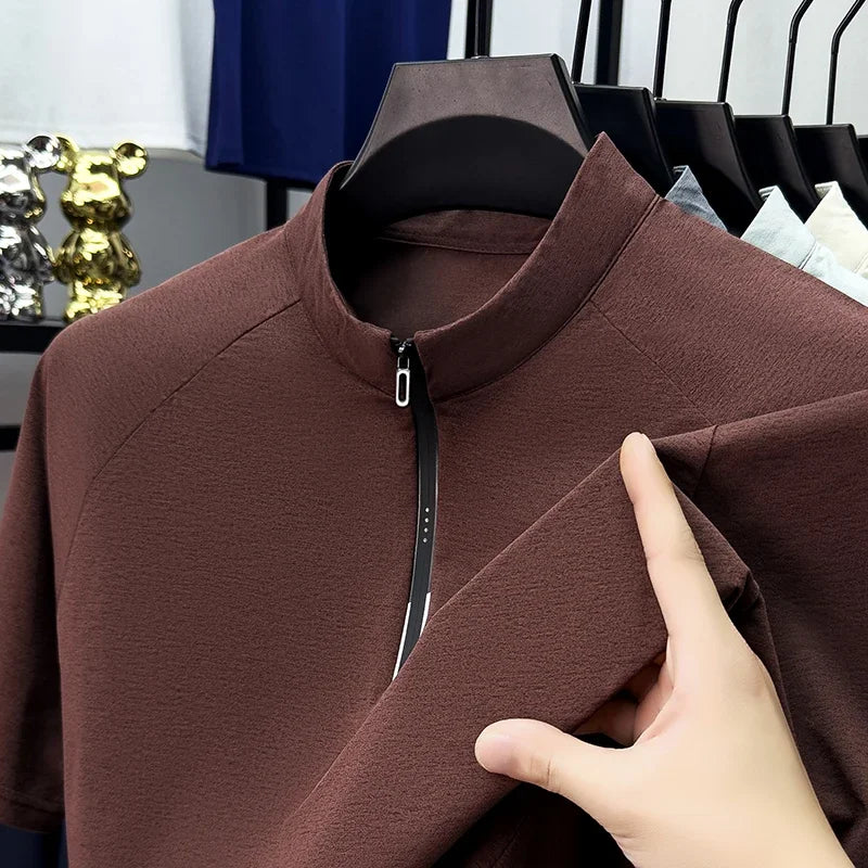 Men's Half-Zip Stand Neck Top - Smooth Woven, Slim Elastic Fit