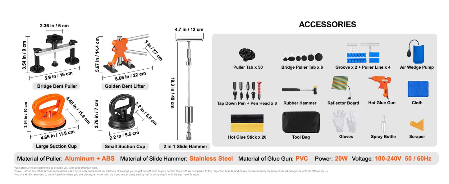 SucceBuy 107 PCS Dent Removal Kit, Paintless Dent Repair Kit Suction Cup Dent Puller for Auto Body Dents, Hail Damage, Door Ding