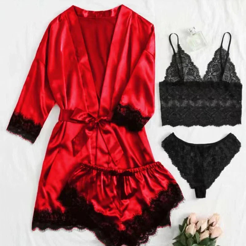 Women's 4-Piece Lace Camisole Pajama Set – Sexy Lingerie Nightgown, Shorts, Robe & Leisurewear | S–XXL (7 Colors)