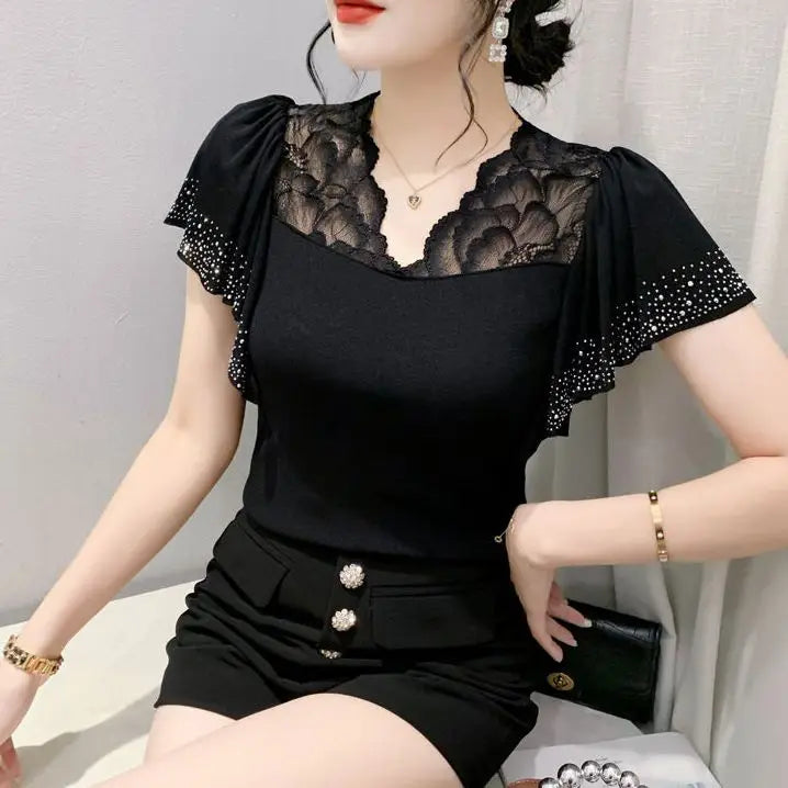 Women Casual Diamonds Lace T Shirts Summer 2026 Korean Fashion Y2k Clothes Slim V Neck Harajuku Sexy Ladies Streetwear Tops Tees