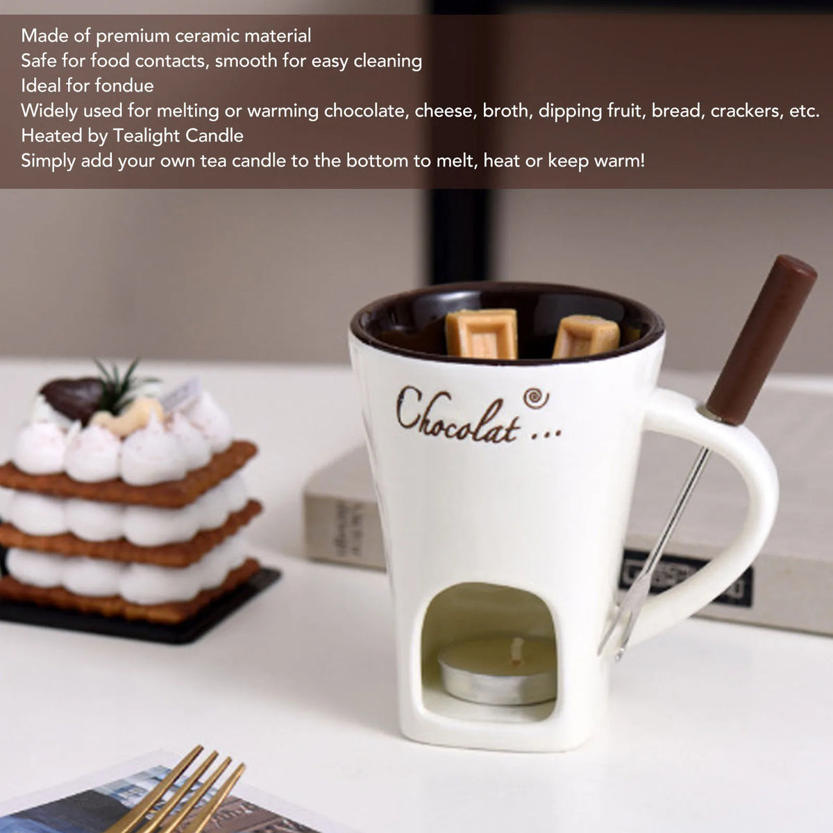 Ceramic Chocolate Melting Mug with Fork - Fondue and Butter Warmer Pot - photo 4