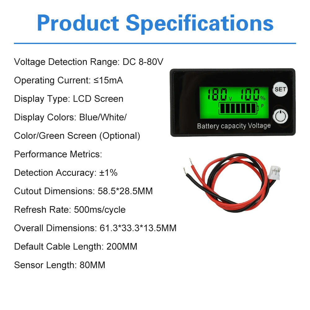 Battery Meter Indicator Voltage Meter 6133A DC8-100V with Alarm Lithium Ion Battery Capacity Monitor 12V 36V 48V 60V 72V 84V