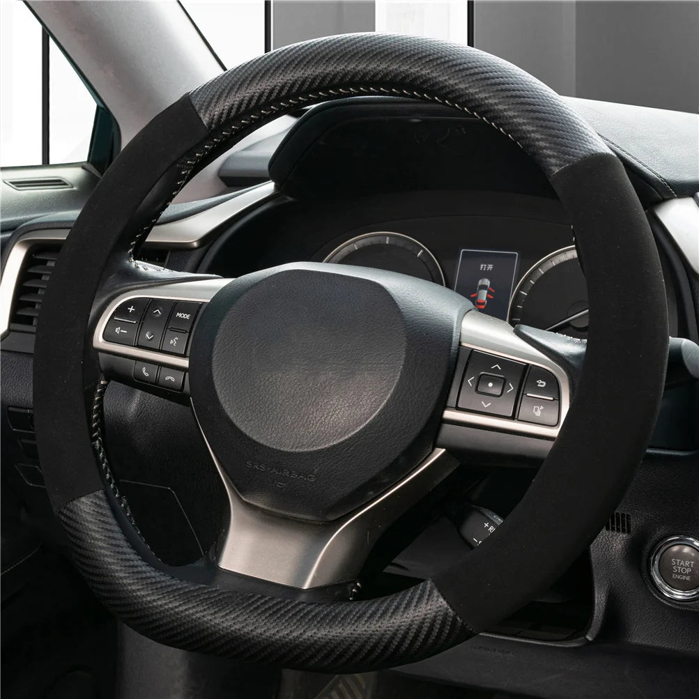 D-Shaped Carbon Fiber & Suede Leather Car Steering Wheel Cover Anti-Slip Protector Breathable Sweat Absorbent Sport 38cm(15Inch)
