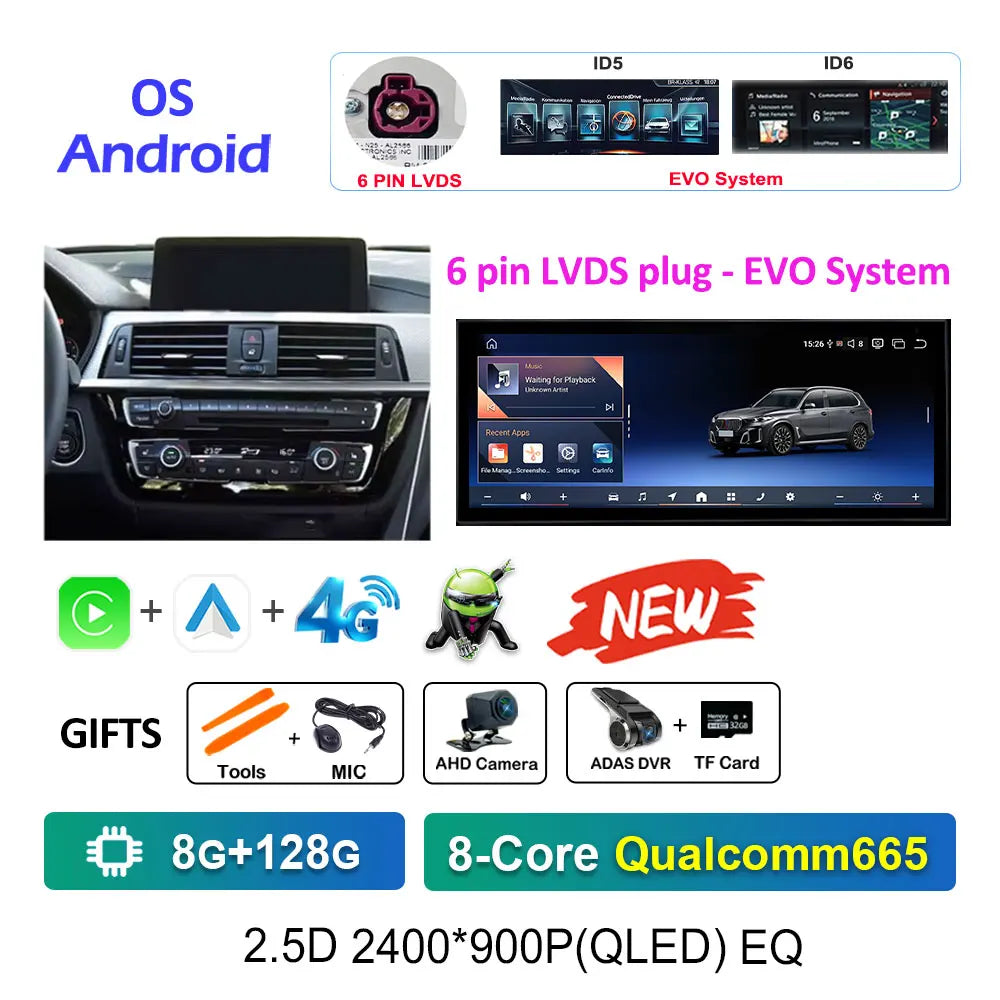 12.3" Android CarPlay Screen for BMW 3/4 Series F30 F31 F32 F33 F34 F36 (2013–2019) NBT/EVO — Android Auto, GPS, 4G