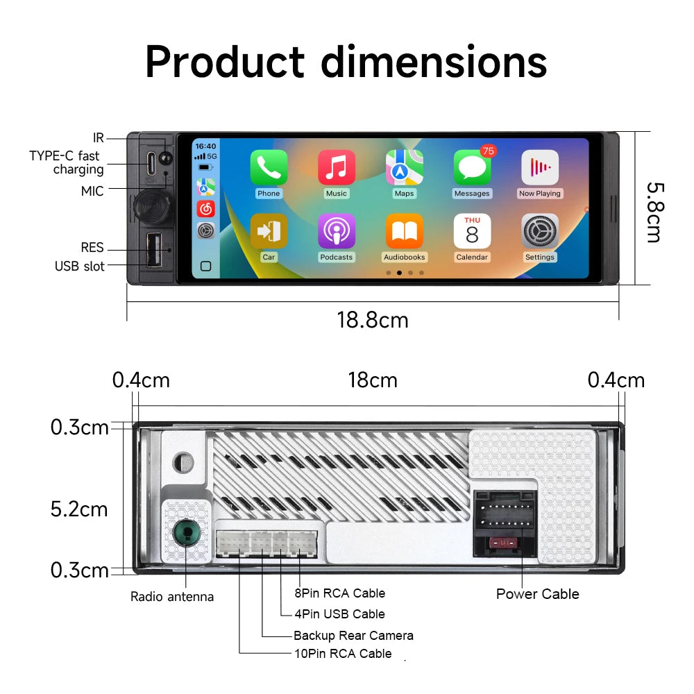 6.28" 1 DIN Universal Car Stereo with Apple CarPlay & Android Auto (MP5)