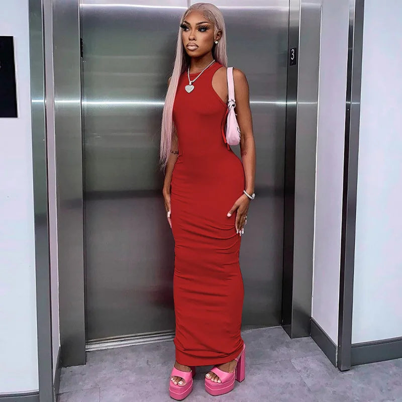 Hugcitar Ribbed Sexy Y2K Clothes Sleeveless Bodycon Maxi Dresses For Women Club Birthday Party Streetwear Elegant Outfits