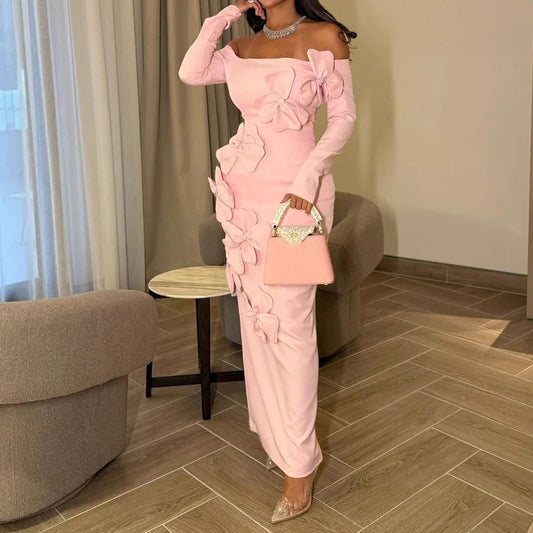 Elegant Off Shoulder Long Sleeve Skinny Dress Fashion Flower Dimensional Pink Wrap Hip Dress Lady Sexy Backless Solid Long Dress