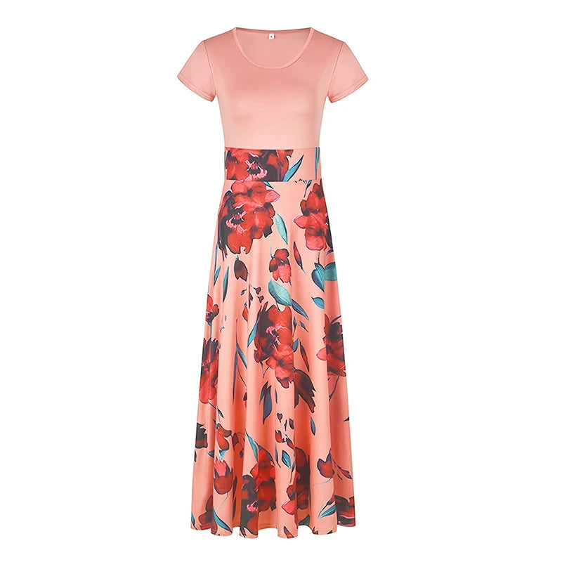 Women's Pleated Maxi Dress - Printed Crew Neck, Slim Waist Elegant