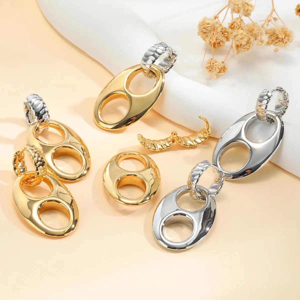 Double Circle Hoop Earrings — Stainless Steel, 14K Gold Tone