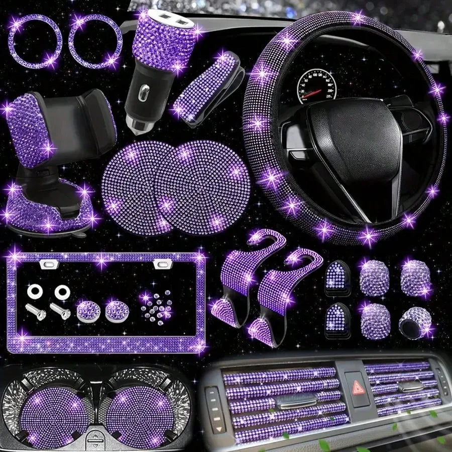 Artificial Diamond Car Steering Wheel Decoration Set Pink Artificial Diamond Steering Wheel Protective Cover, New Fashion Cute Goddess Steering Wheel Cover Set,Car Acessesories Women