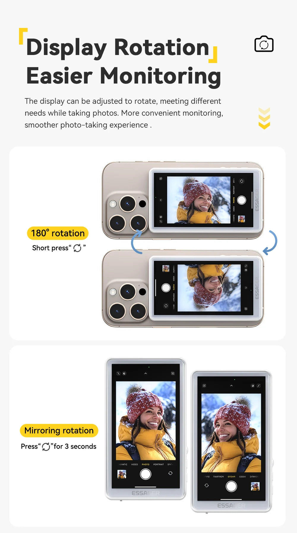 ESSAGER Magnetic Phone Selfie Monitor Screen for Smartphone Rear Camera Selfie Vlog Live Stream for iPhone Android phone